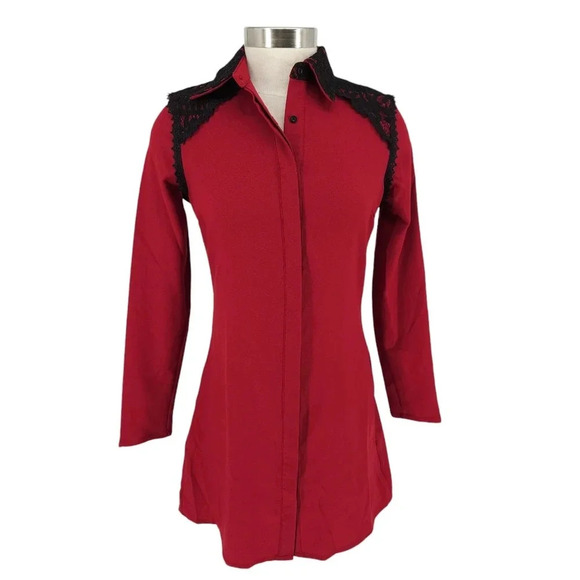 Boohoo Tess Lace Trim Shirt Dress Merlot Red Long Sleeve Button Collar Fit Flare - Picture 1 of 6